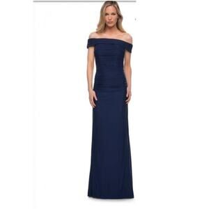 NWT La Femme - 29541 Off Shoulder Column Evening Dress size 8 Navy